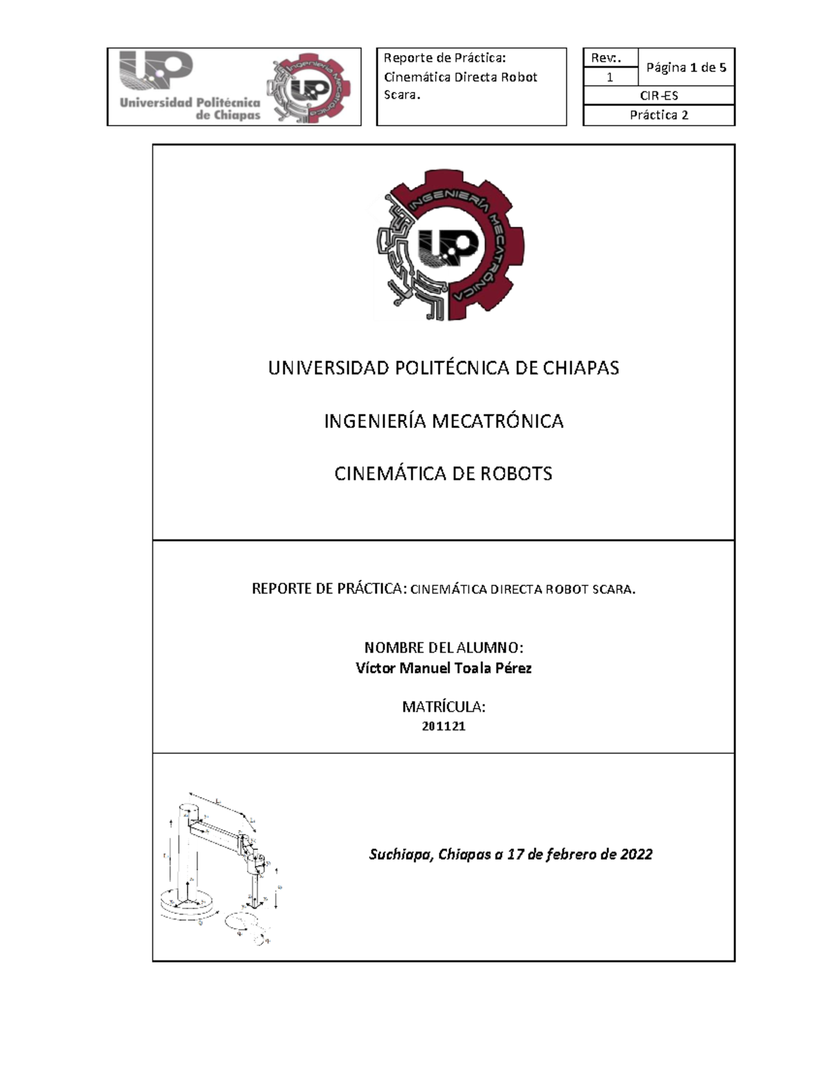 Práctica 6 CIR - CD Scara- Victor Toala - Página 1 De 5 Cinemática ...