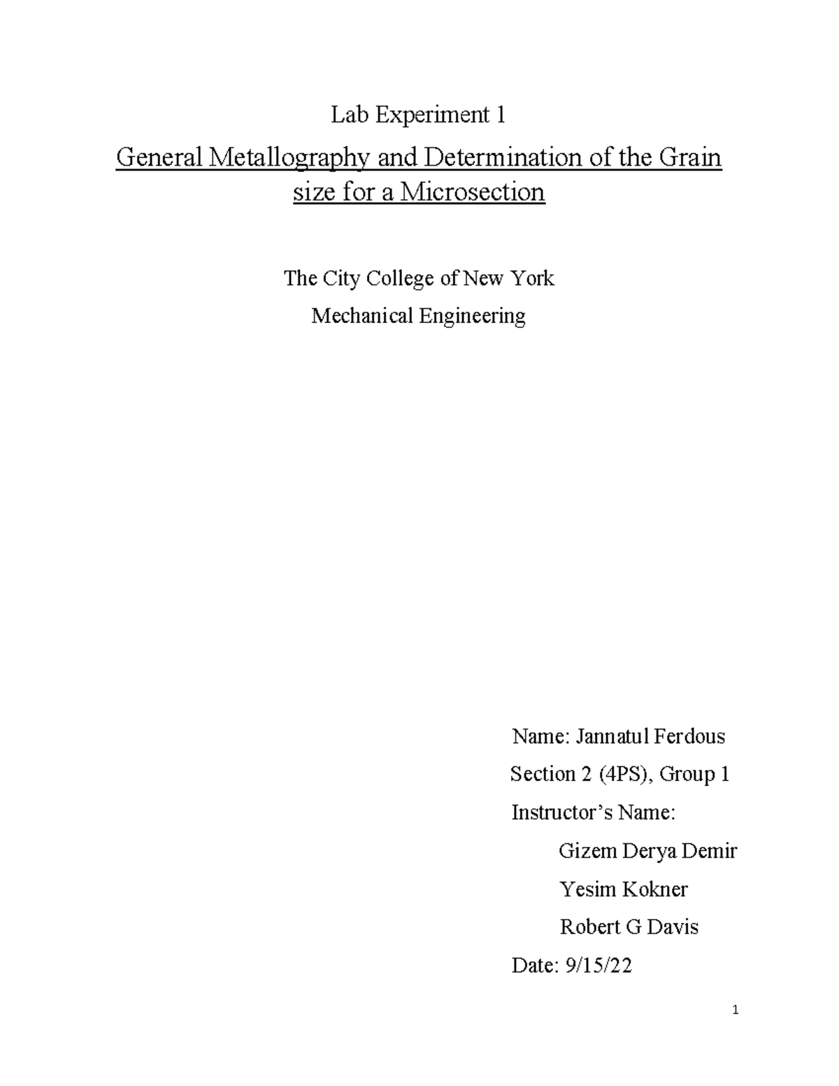 Lab Experiment 1 General Metallography and Determination of the Grain