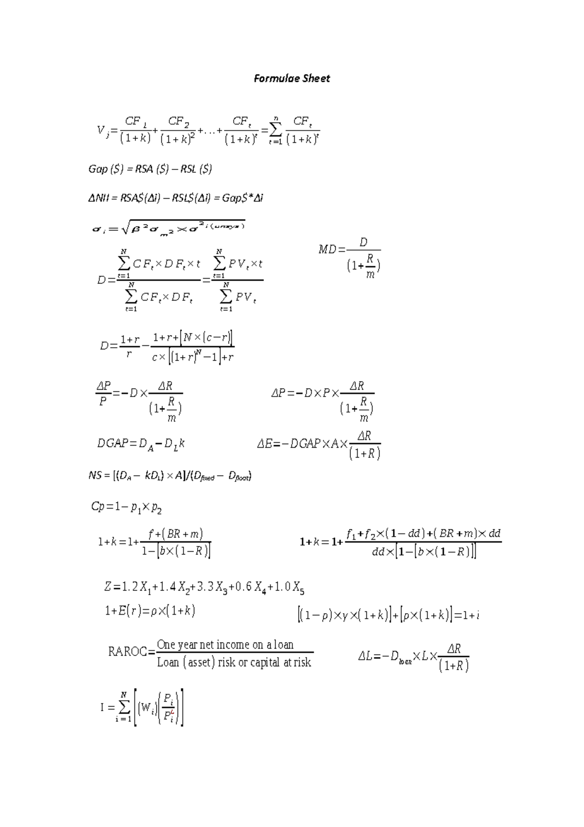 Formulae Sheet - ..+ CFt ( 1 + k ) t =∑ t = 1 n CF t ( 1 + k ) t Gap ...