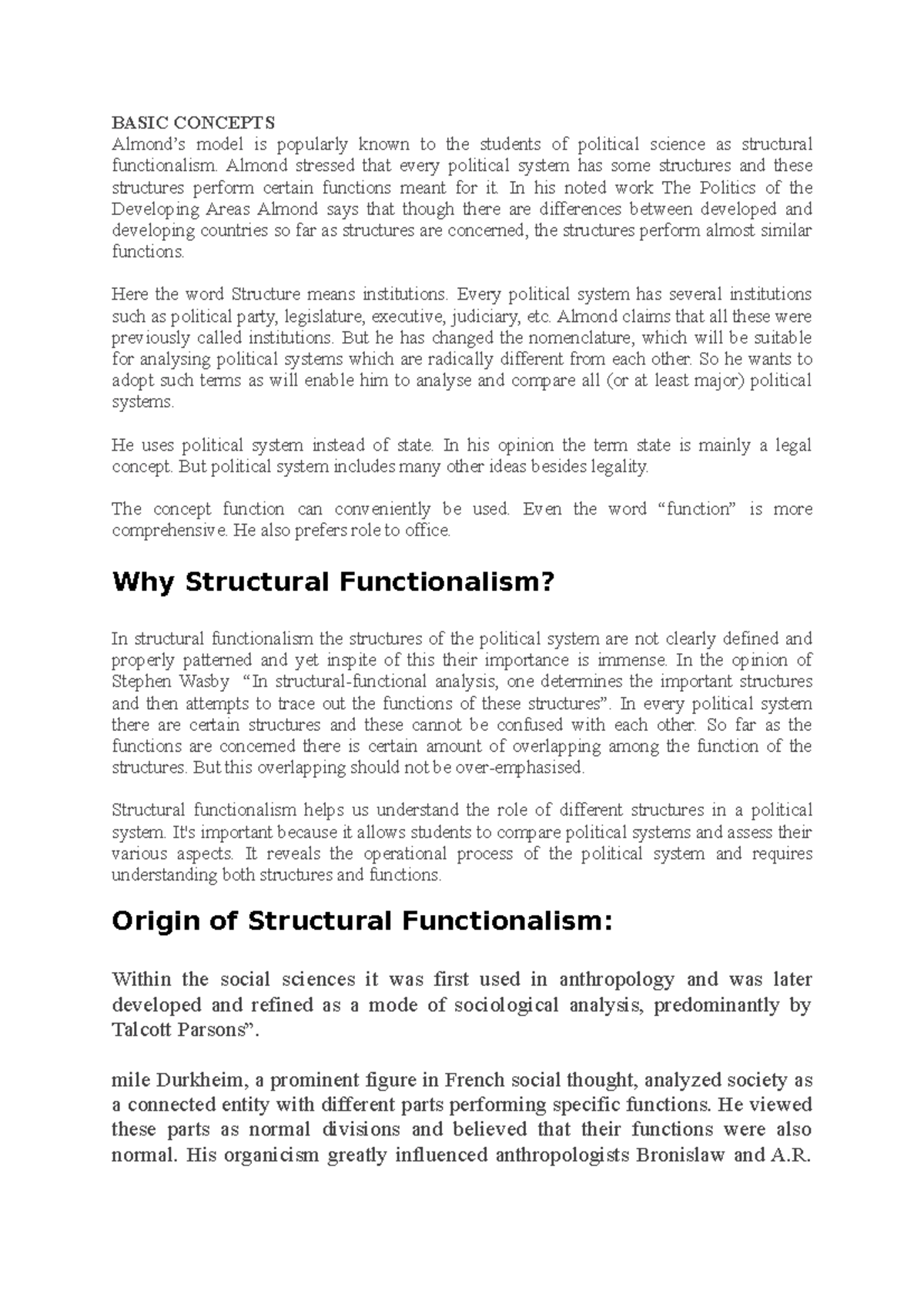 Structural Functionalism BASIC CONCEPTS Almond’s model is popularly
