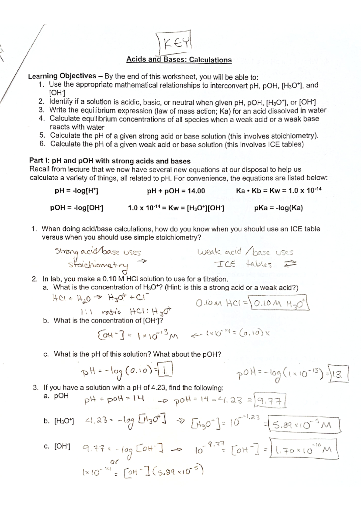 Acids And Bases Calculations KEY - CHEM 1212 - Studocu