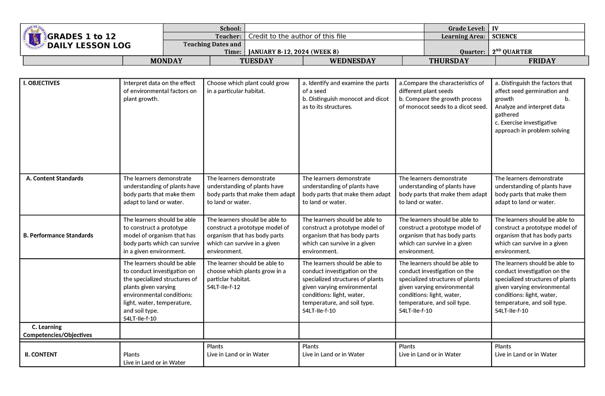 DLL Science 4 Q2 W8 - lesson - GRADES 1 to 12 DAILY LESSON LOG School ...