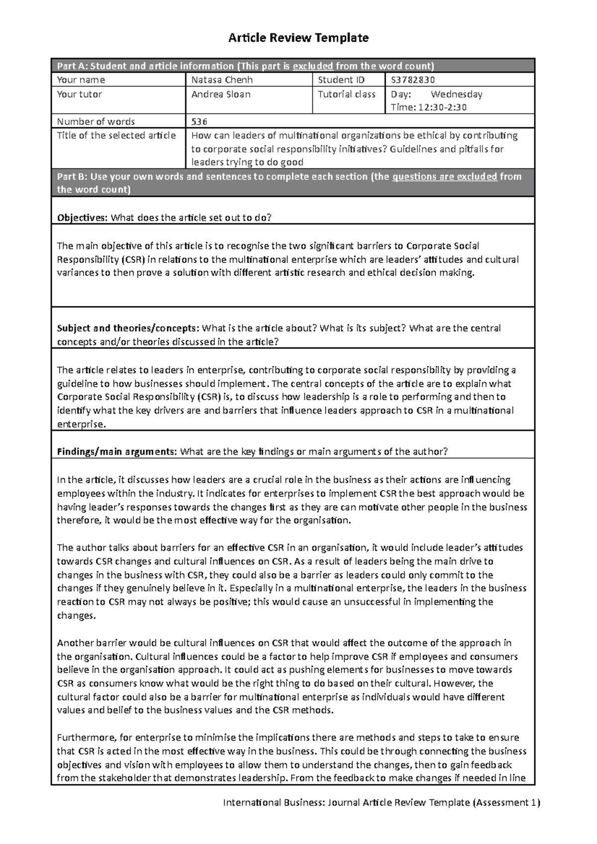 Journal Review Article - Article Review Template Part A: Student and ...