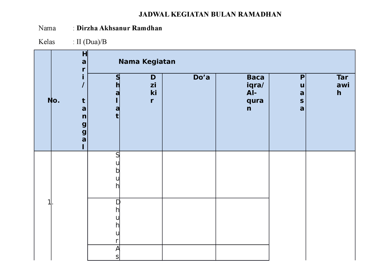 Jadwal Kegiatan Bulan Ramadhan - JADWAL KEGIATAN BULAN RAMADHAN Nama ...