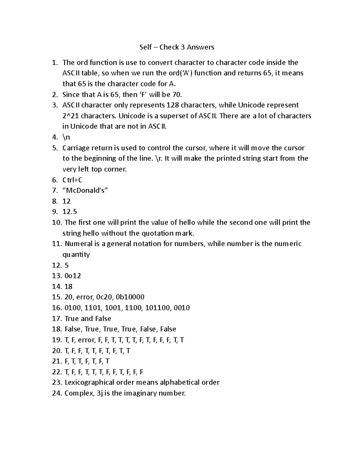 SC3 Answers 11 - self check - Self – Check 3 Answers The ord function ...