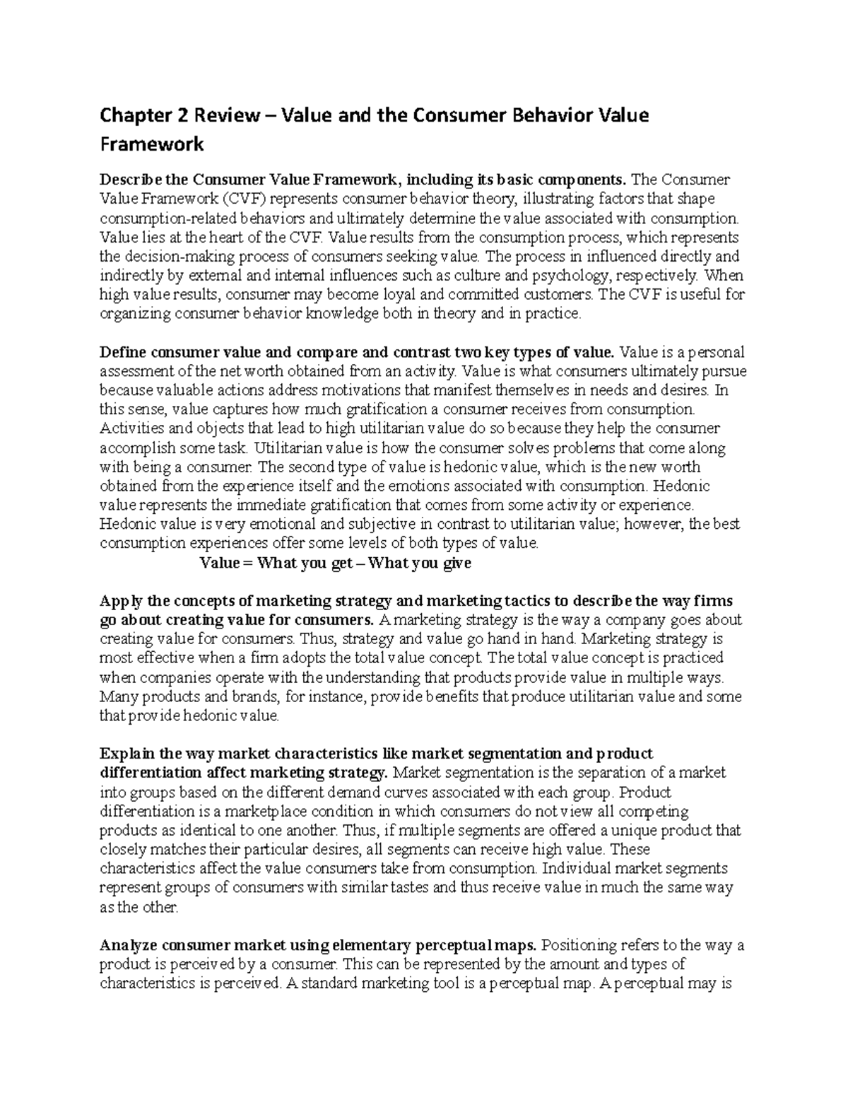 Chapter 2 Review - Dr. Budden - Chapter 2 Review Value and the Consumer ...