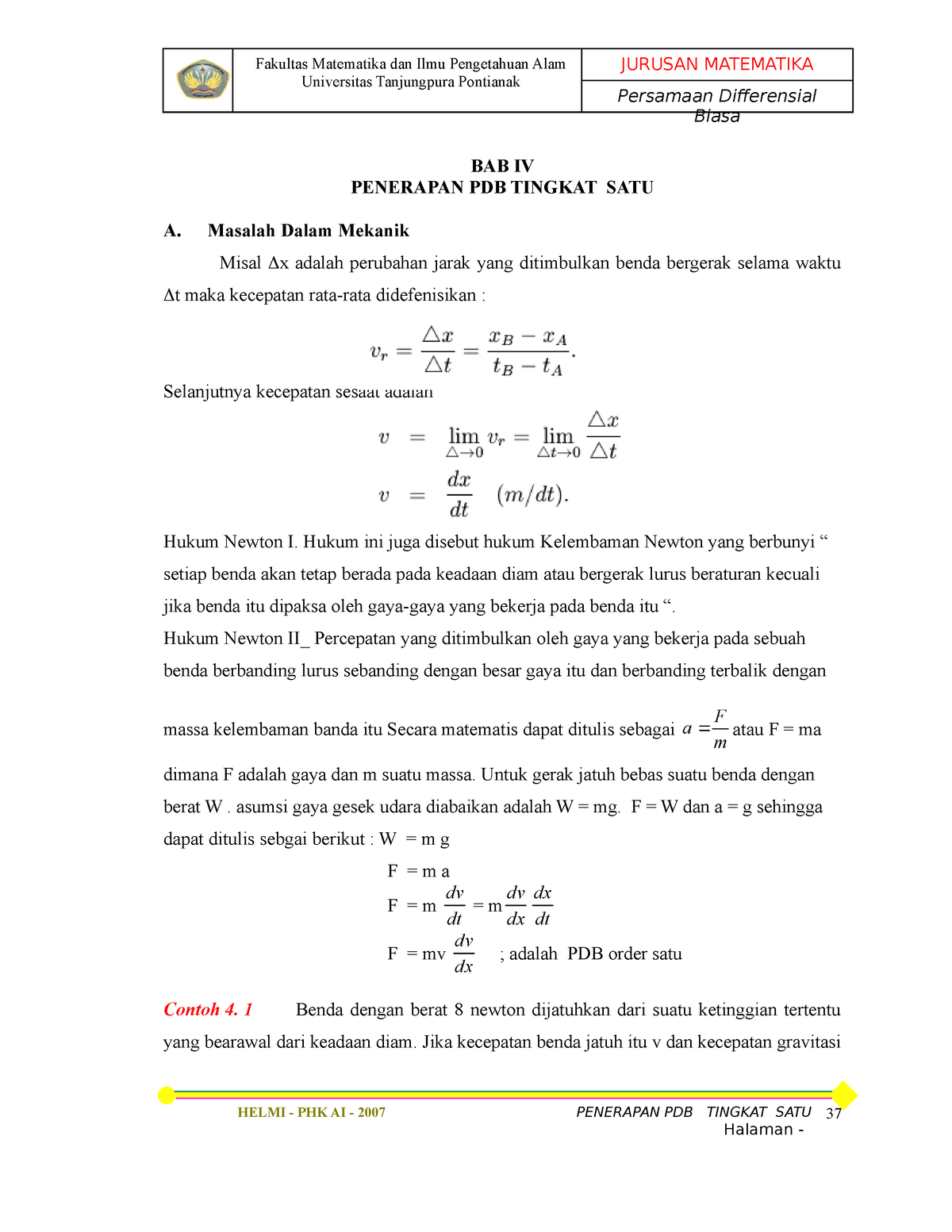 BAB IV Pengantar Diferensial Biasa - Universitas Tanjungpura Pontianak ...