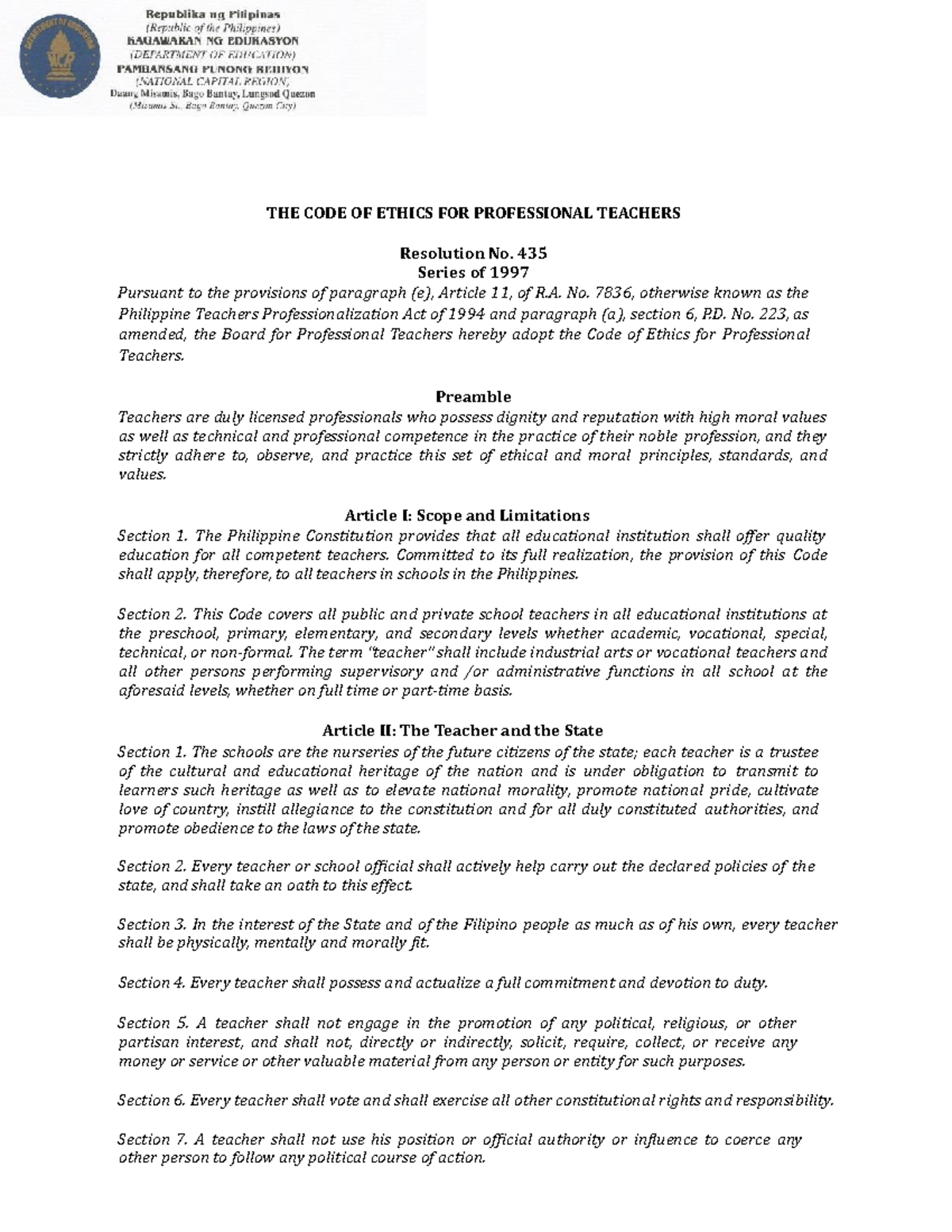 Code Of Ethics TTP THE CODE OF ETHICS FOR PROFESSIONAL TEACHERS 