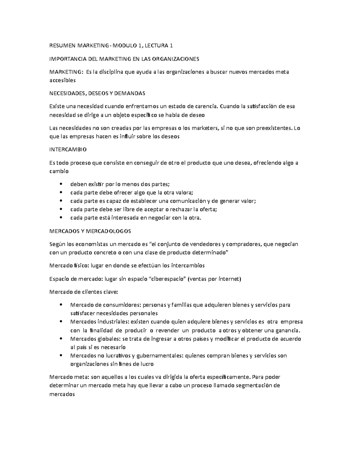 Resumen Marketing Parcial 1 - RESUMEN MARKETING- MODULO 1, LECTURA 1 ...