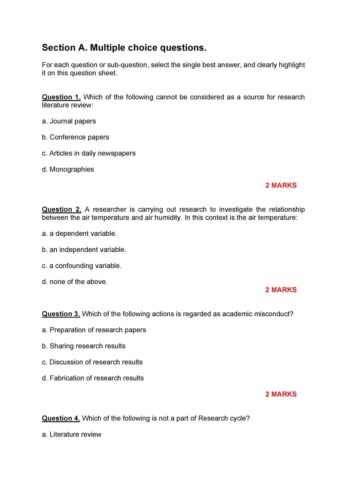 Final Test EXAM - Section A. Multiple Choice Questions. For Each ...