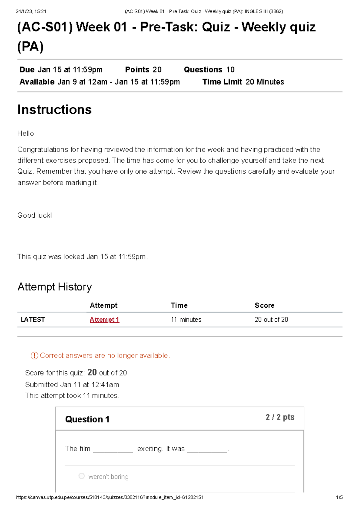 (AC-S01) Week 01 - Pre-Task Quiz - Weekly quiz (PA) Ingles III - (AC ...