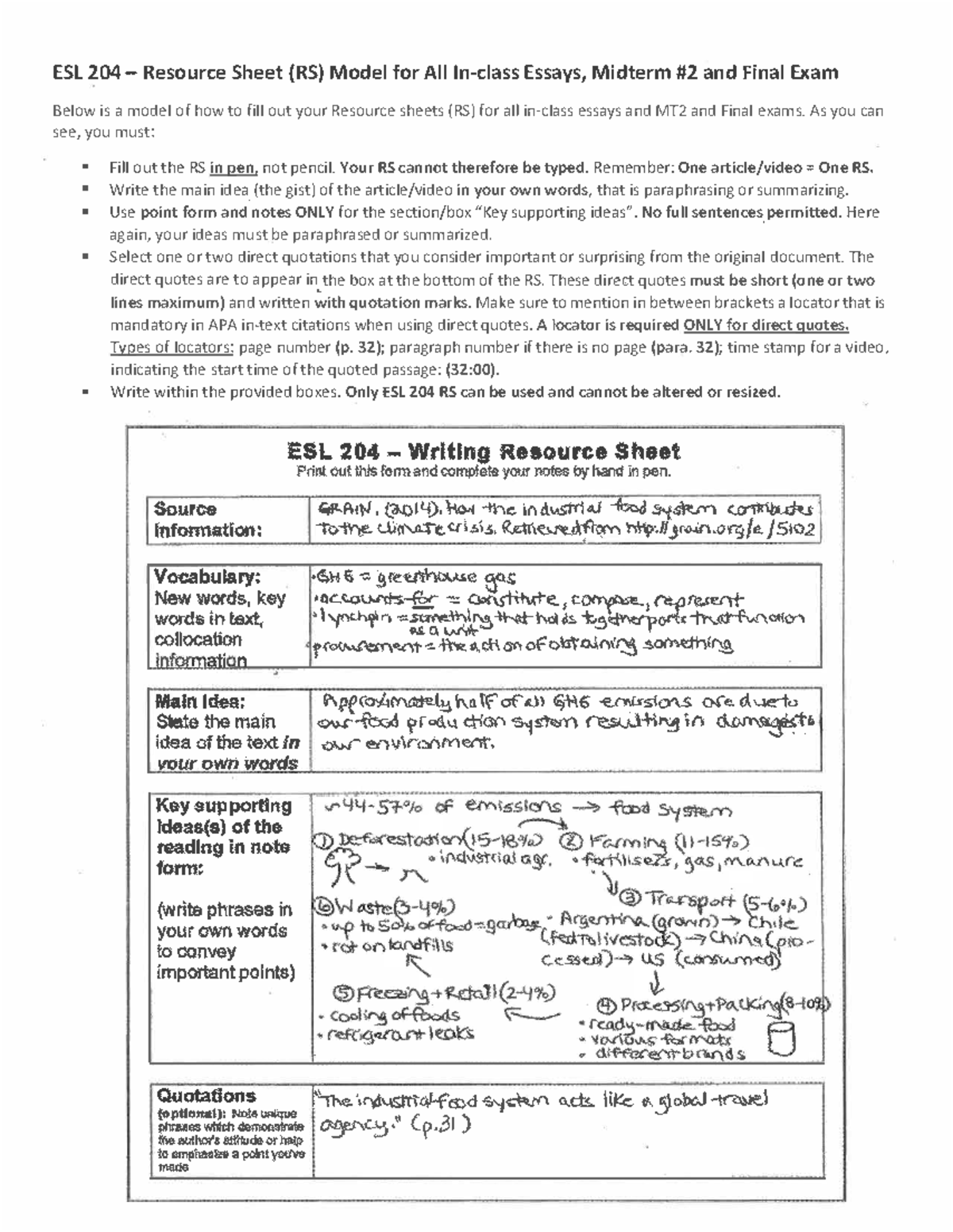204 Resource Sheet Model Instructions ESL 204 Resource Sheet (RS