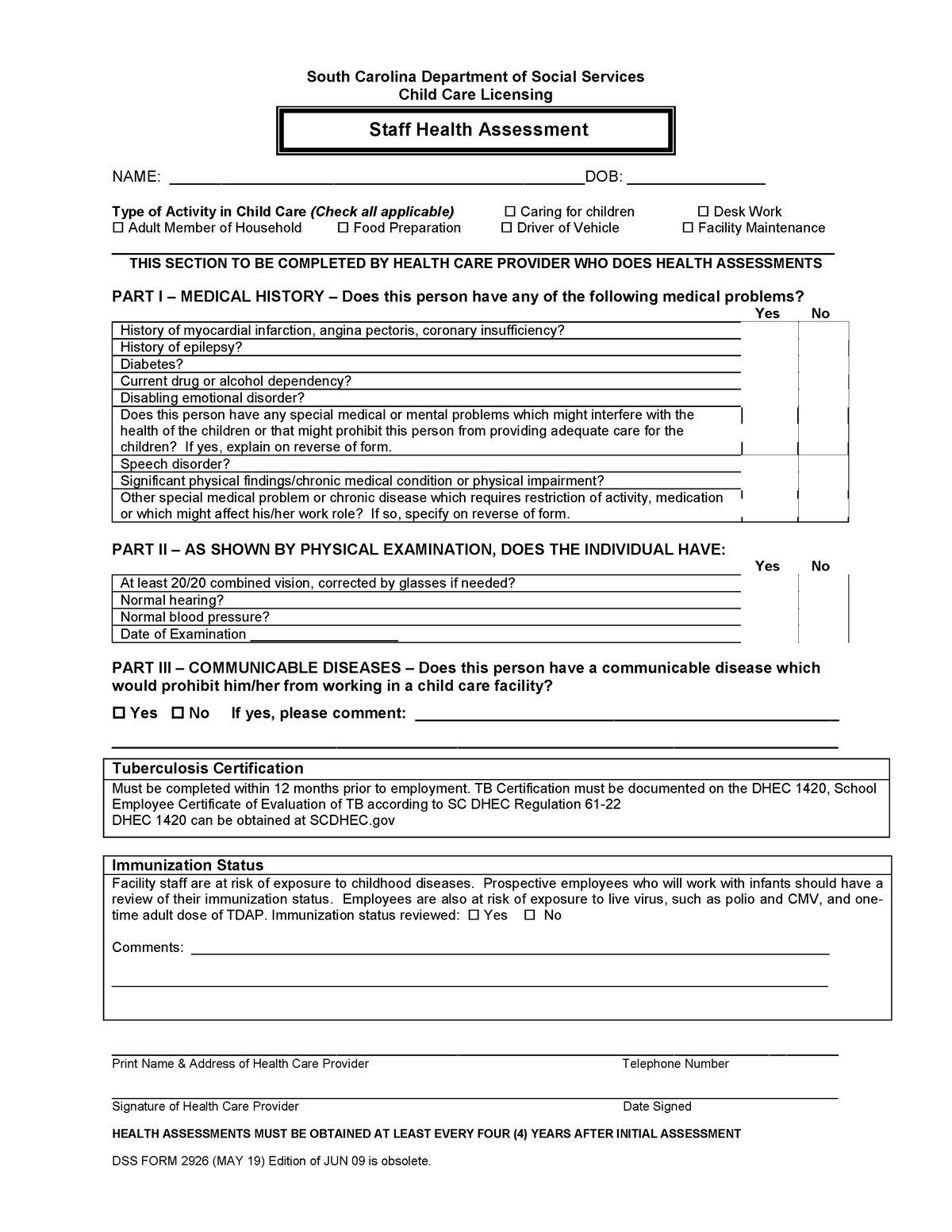 Dss Form 2926 Staff Health Assessment May 19 South Carolina Department Of Social Services 1917