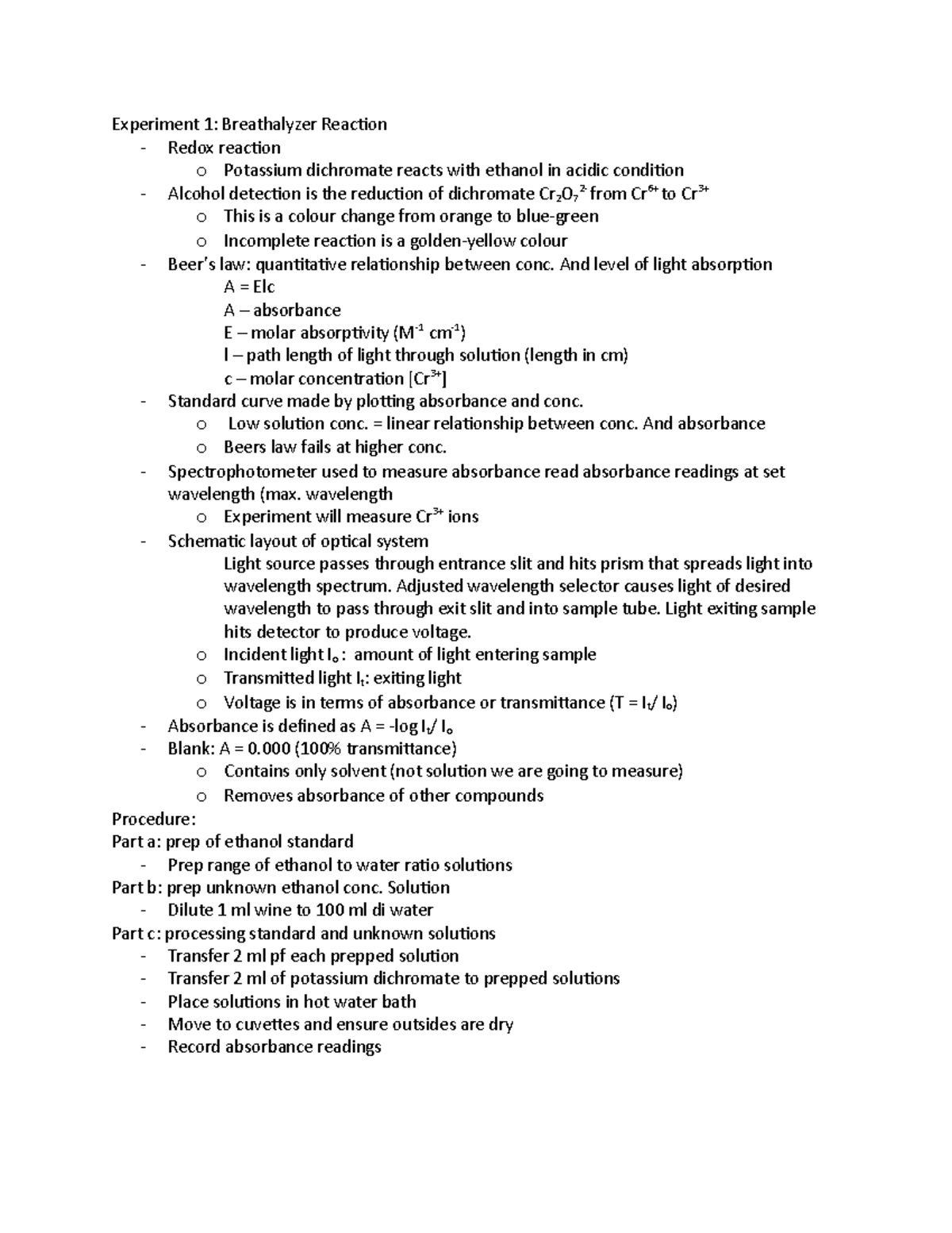 Chem 123L Exam Exam review Experiment 1 Breathalyzer Reaction Redox reaction o Potassium