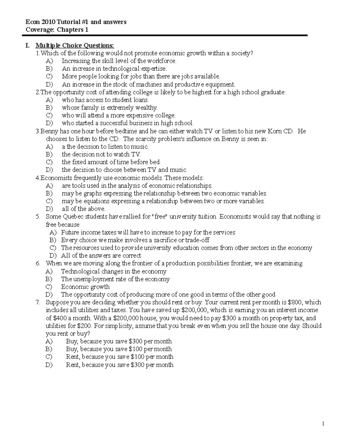 Tutorial 1 W2017 - Econ 2010 Tutorial #1 And Answers Coverage: Chapters ...