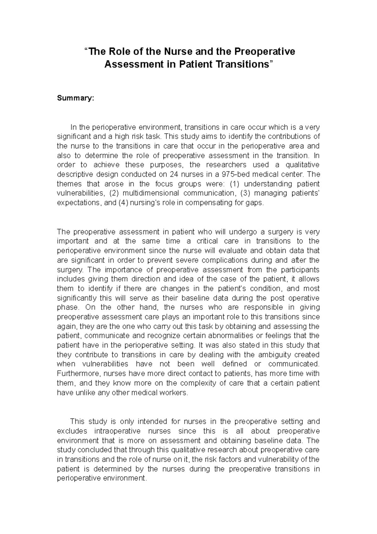 Journal Preoperative - “The Role of the Nurse and the Preoperative ...