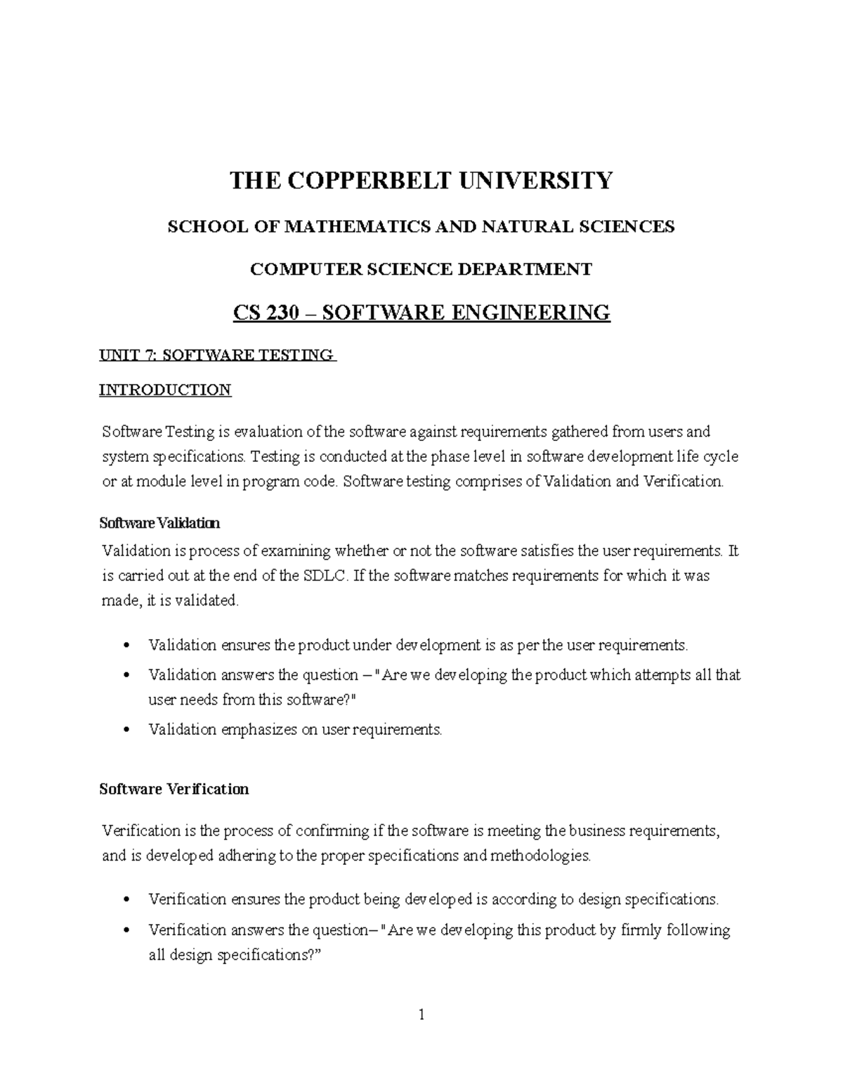 S E Unit 7 Software Testing - THE COPPERBELT UNIVERSITY SCHOOL OF ...