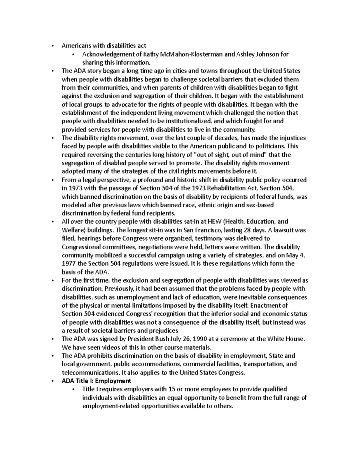 Week 12 ADA Notes - Dr. Ann Wengler - Americans with disabilities act ...