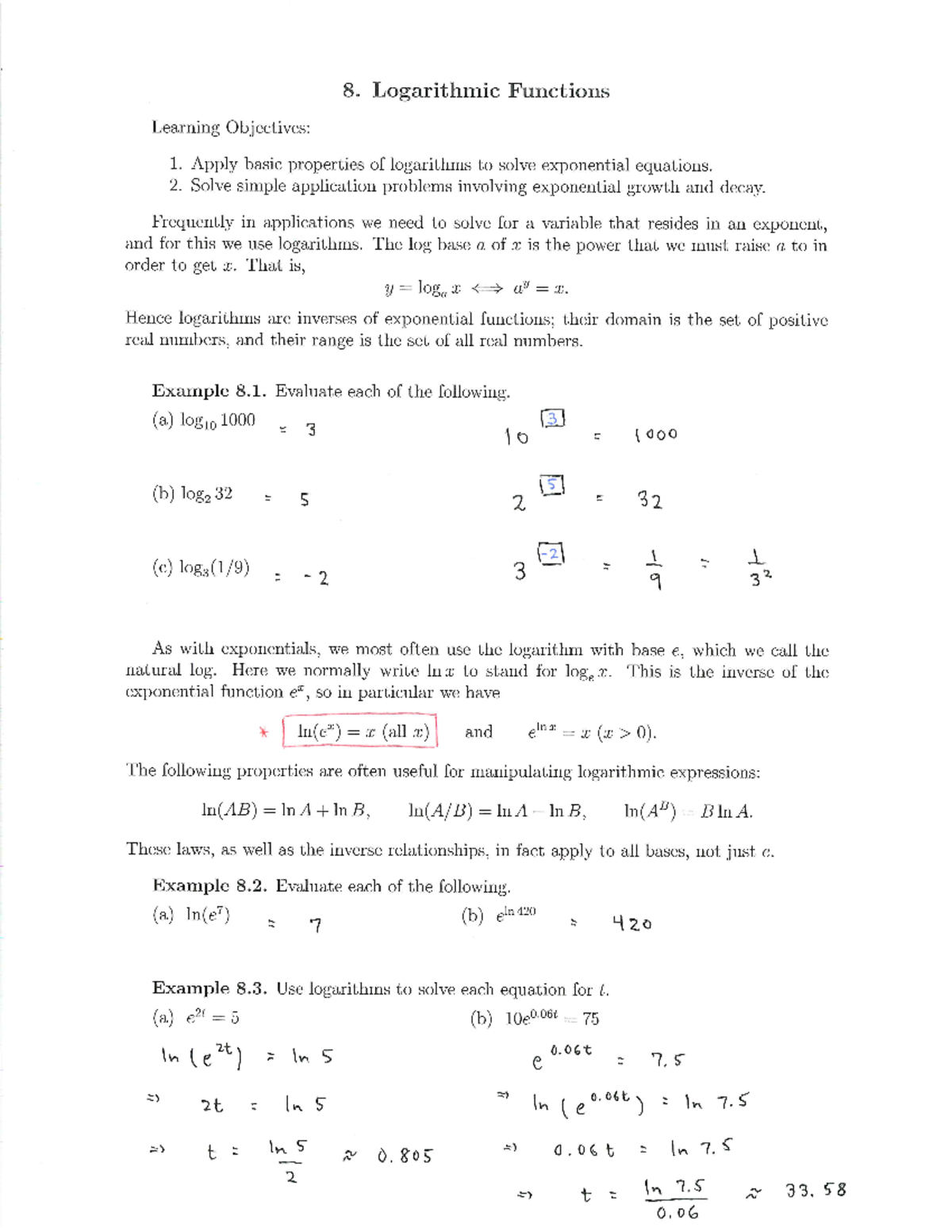 Section 8 notes Logarithms MAT 143 Studocu
