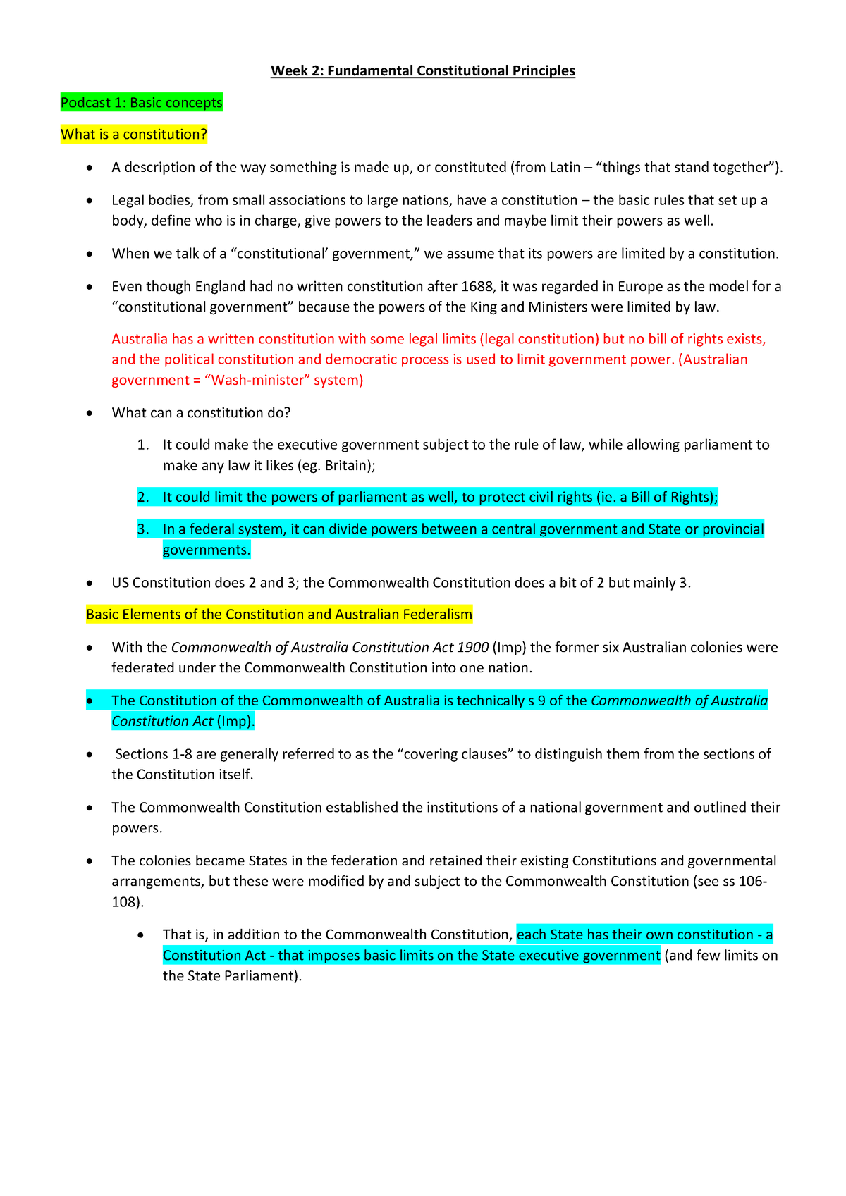 Week 2 Lecture notes - Week 2: Fundamental Constitutional Principles ...