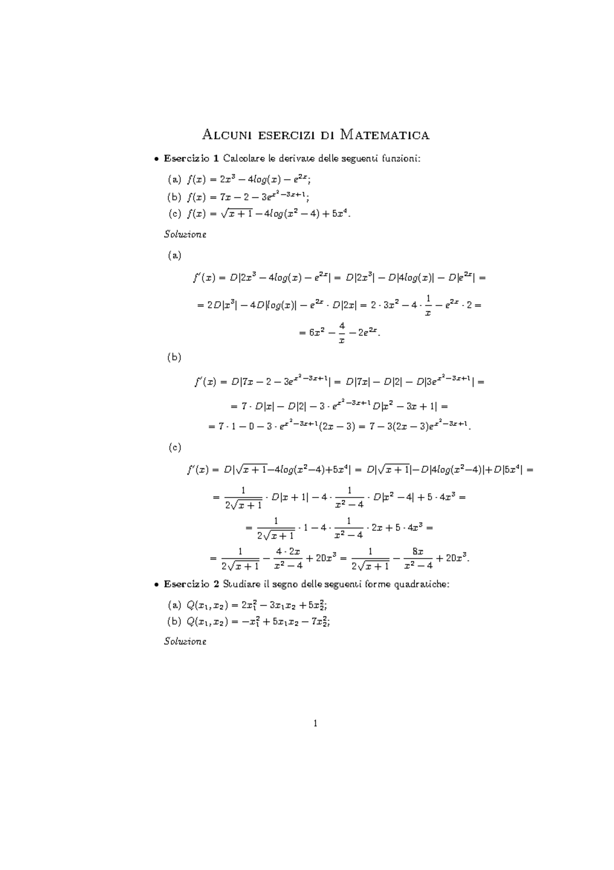 Esercizi Di Riepilogo - Alcuni Esercizi Di Matematica • Esercizio 1 ...