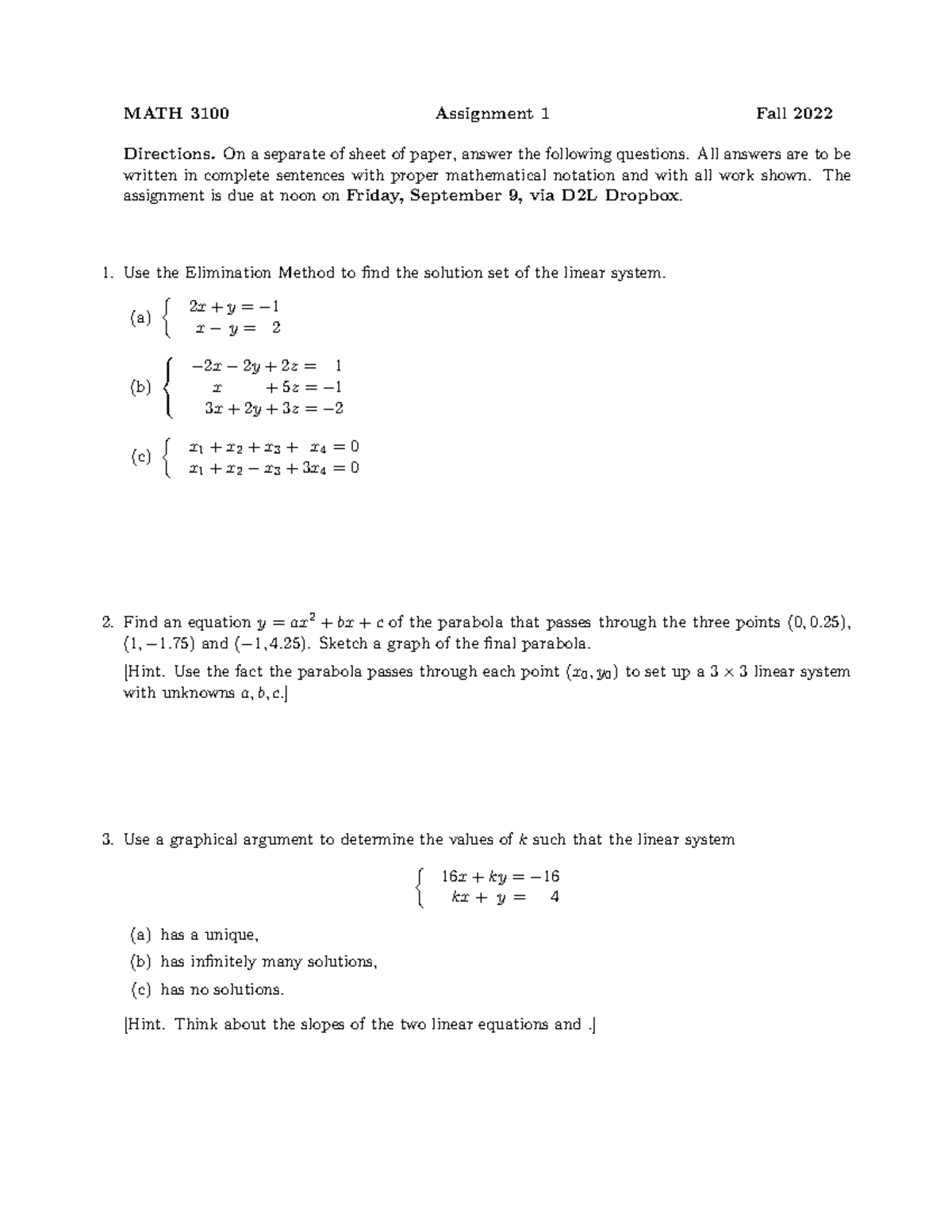 Fall2022math3100assignment 01 - Math 3100 Assignment 1 Fall 2022 