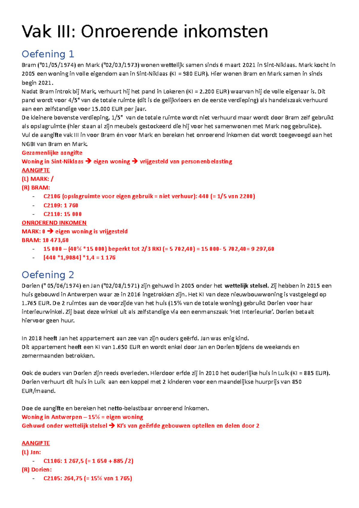 3 Oefeningen onroerende inkomsten aj2023 - Vak III: Onroerende ...