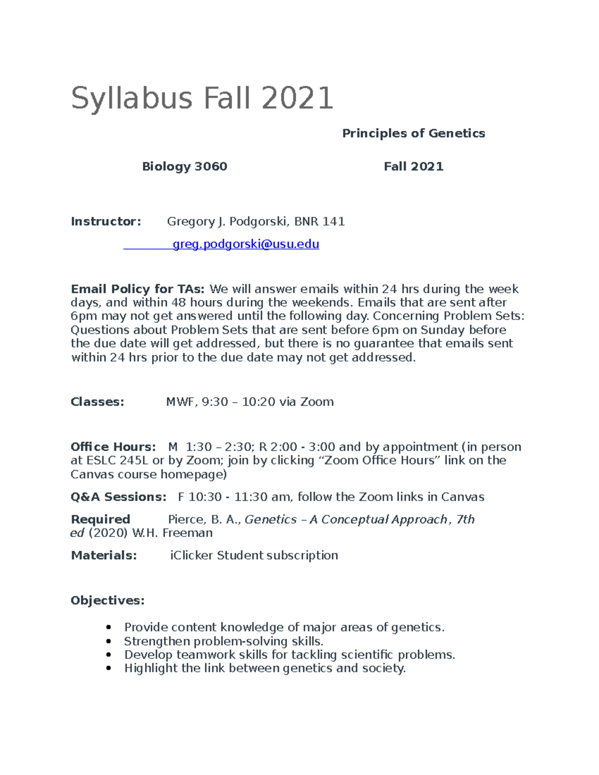 Syllabus Fall 2021 - Syllabus Fall 2021 Principles of Genetics Biology ...