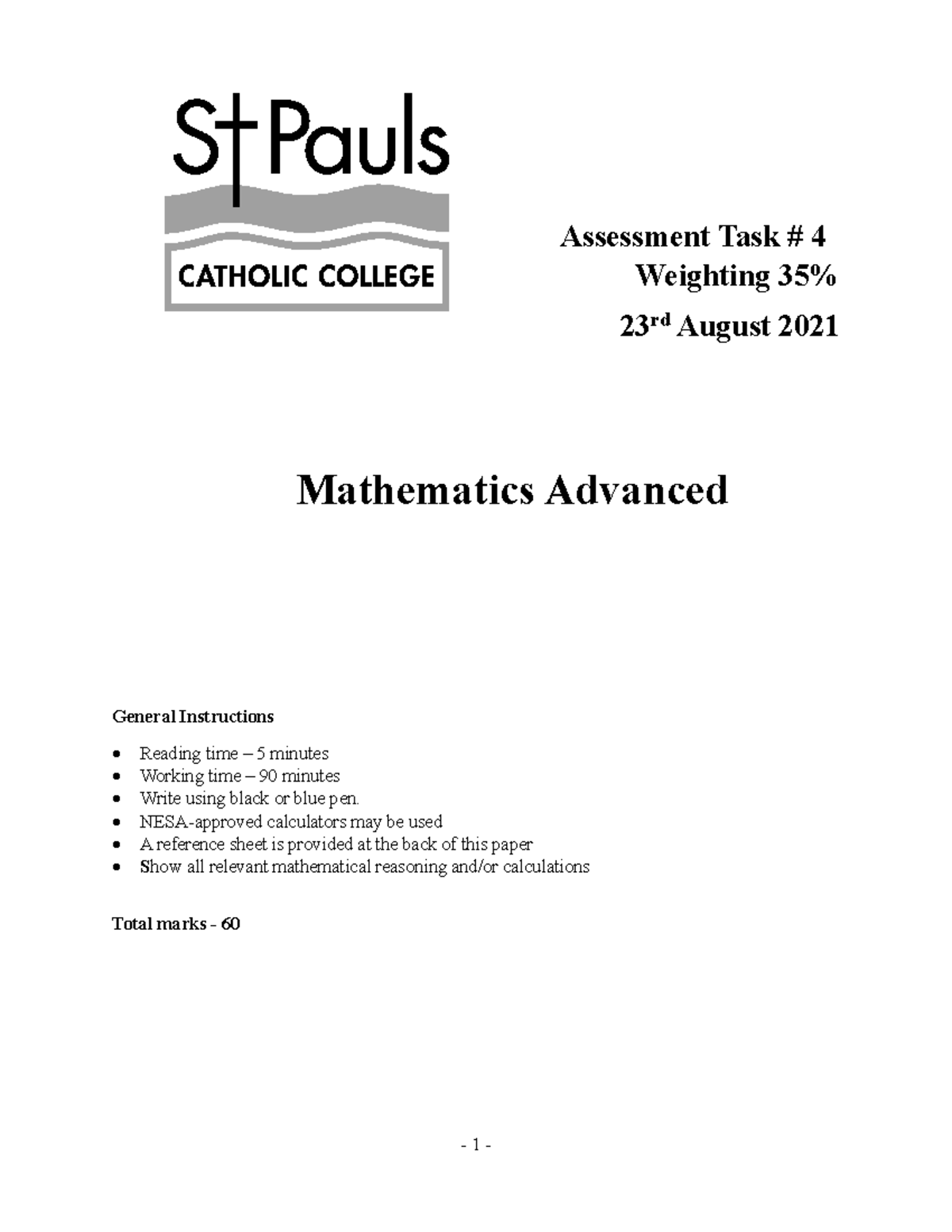 2021 St Pauls - Maths Exam - Assessment Task # 4 Weighting 35% 23 rd ...