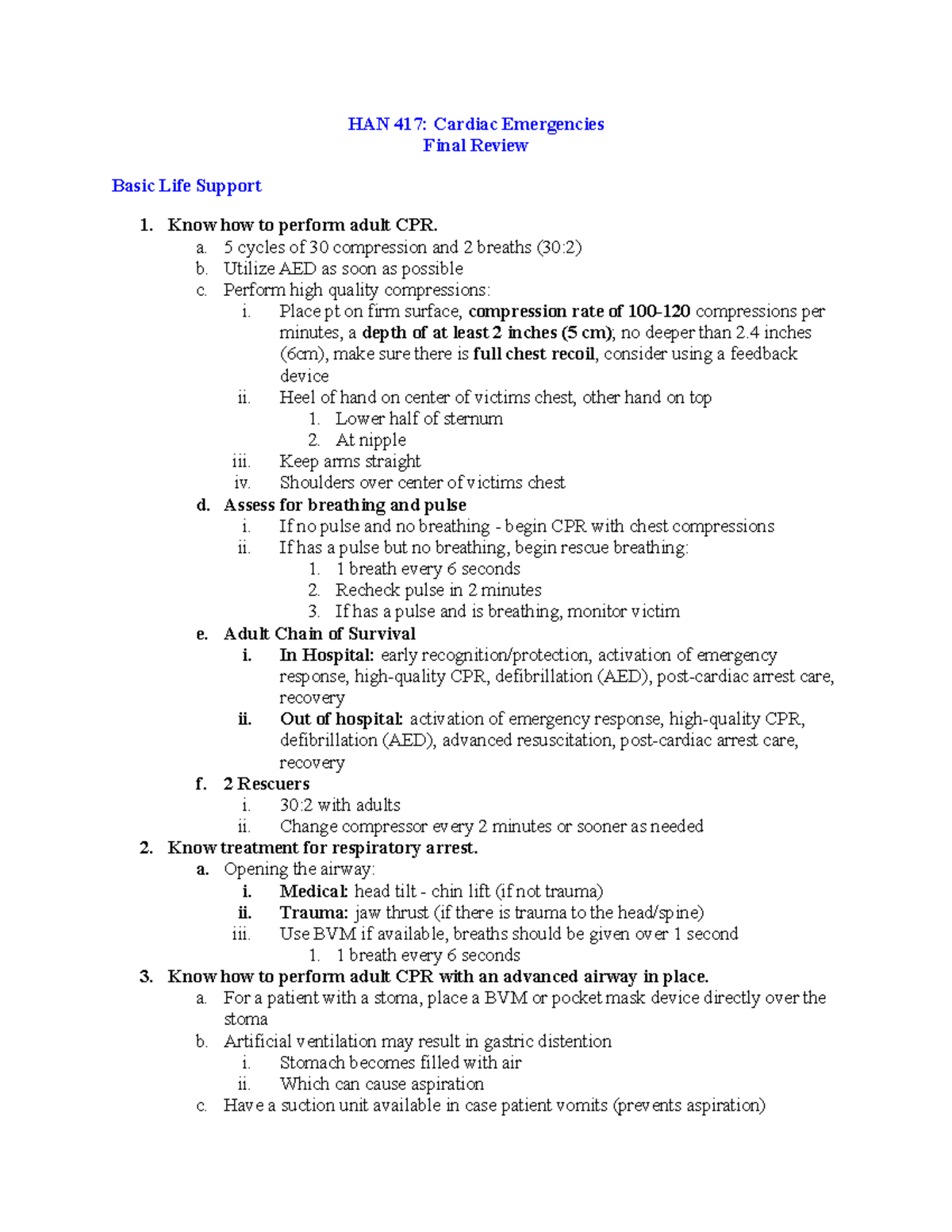 Cardiac Final Study Guide HAN 417 Cardiac Emergencies Final Review