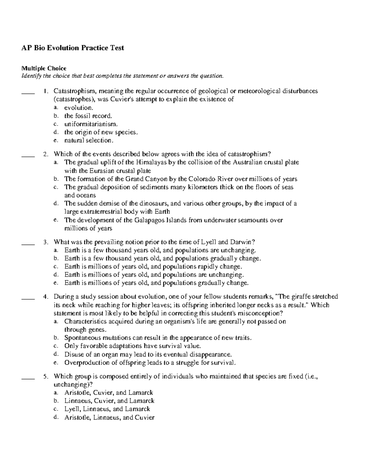 AP Evolution Practice Test 2 - AP Bio Evolution Practice Test Multiple ...