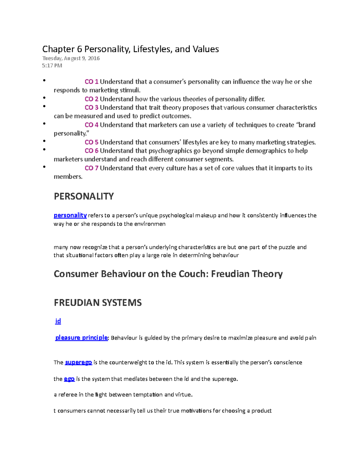 Chapter 6 Personality, Lifestyles, And Values - CO 2 Understand How The ...