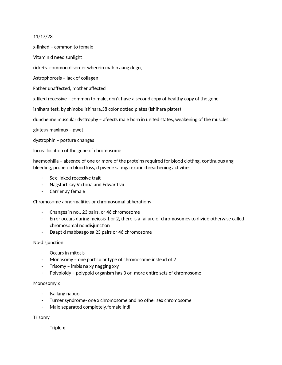 1117 bio - notes - 11/17/ x-linked – common to female Vitamin d need ...