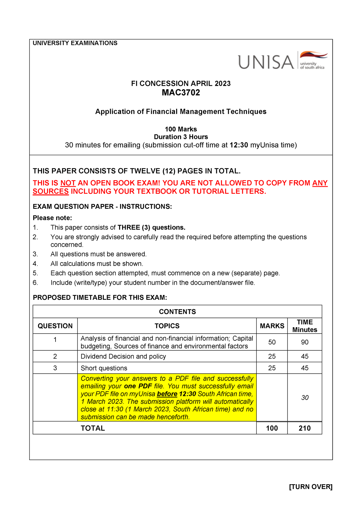 Unisa Fi Concession Results