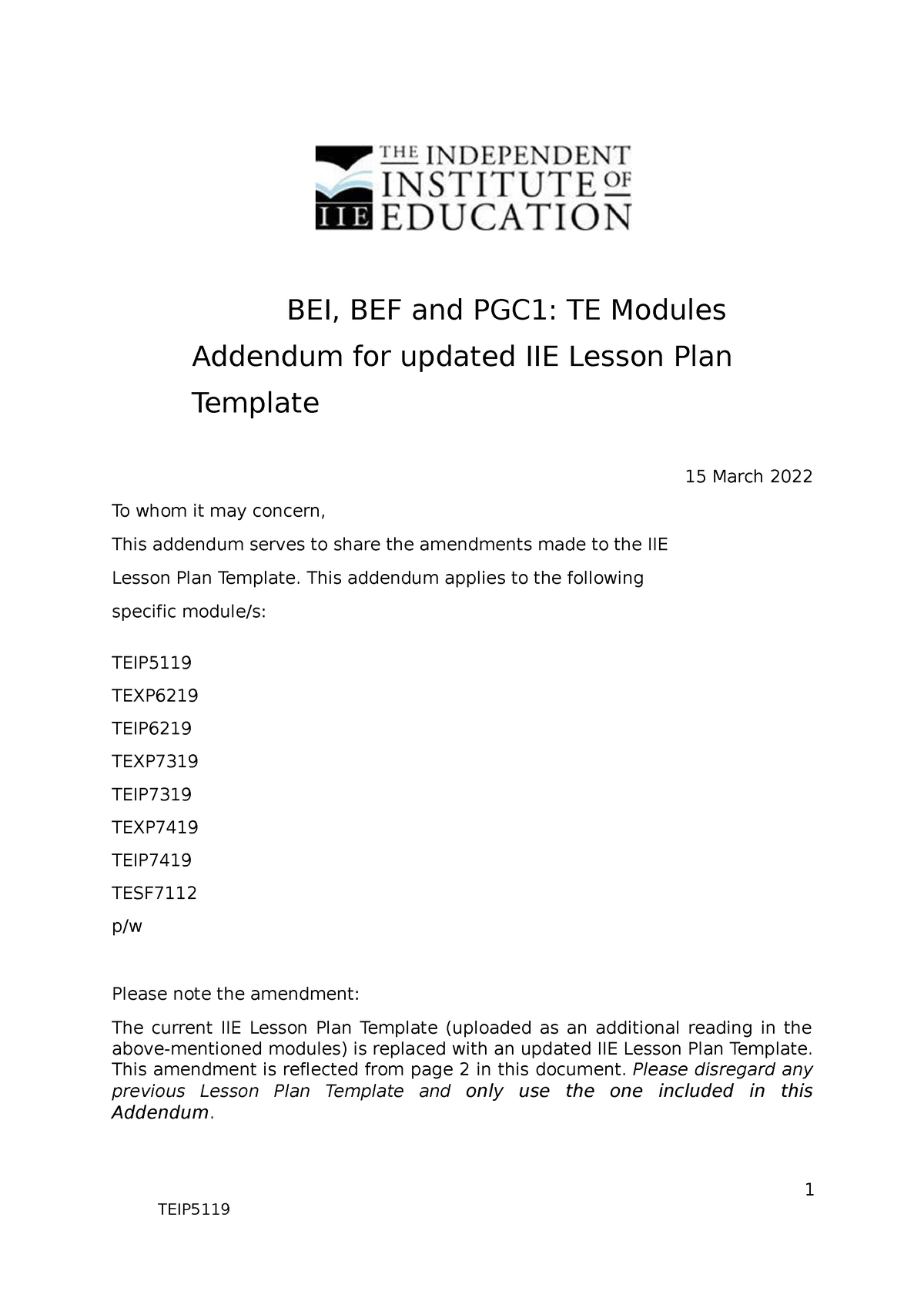 Addendum FOR Updated IIE Lesson Plan Template - 1 TEIP - Studocu