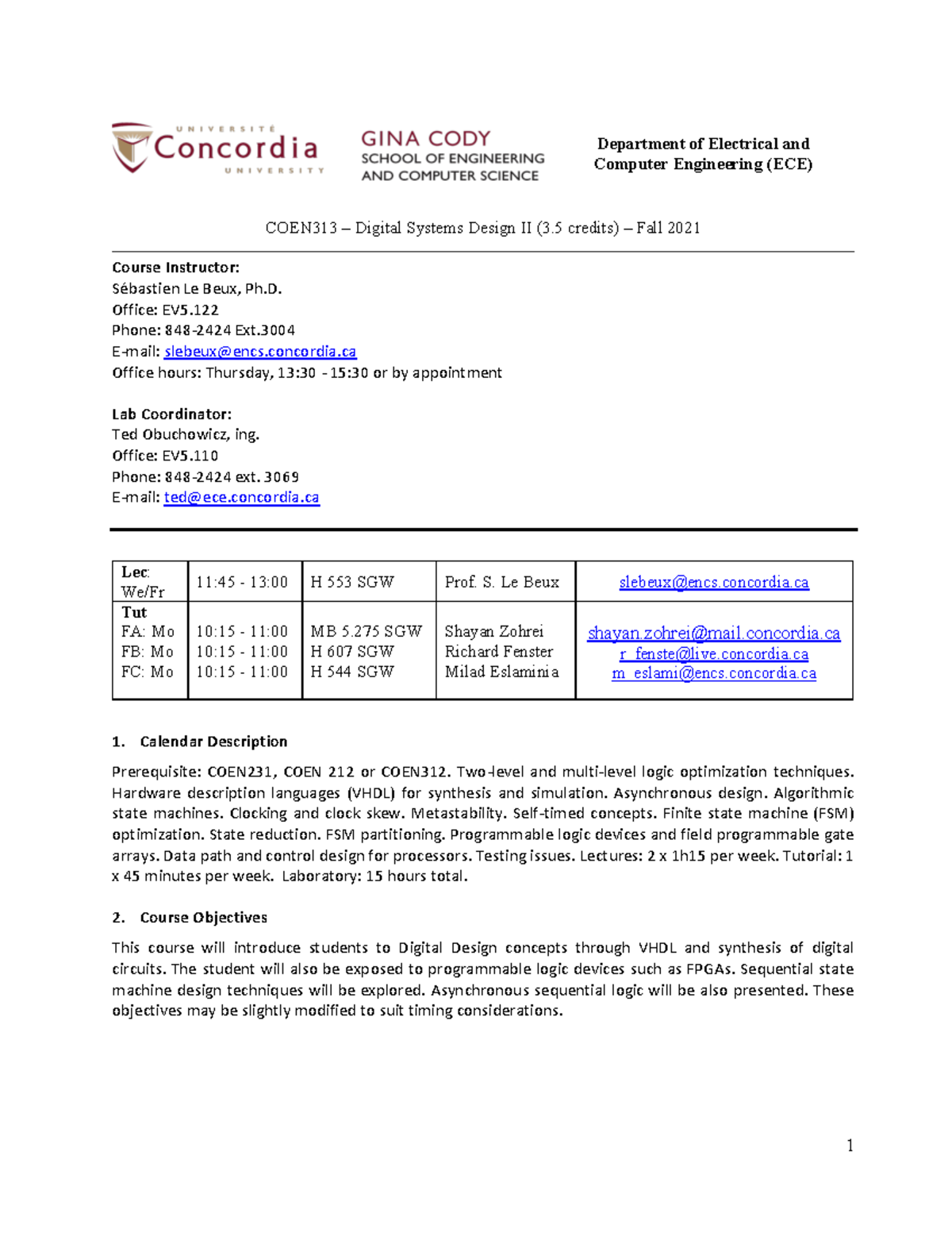 Coen313 courseoutline Fall2021 - COEN 313 - Concordia - Studocu