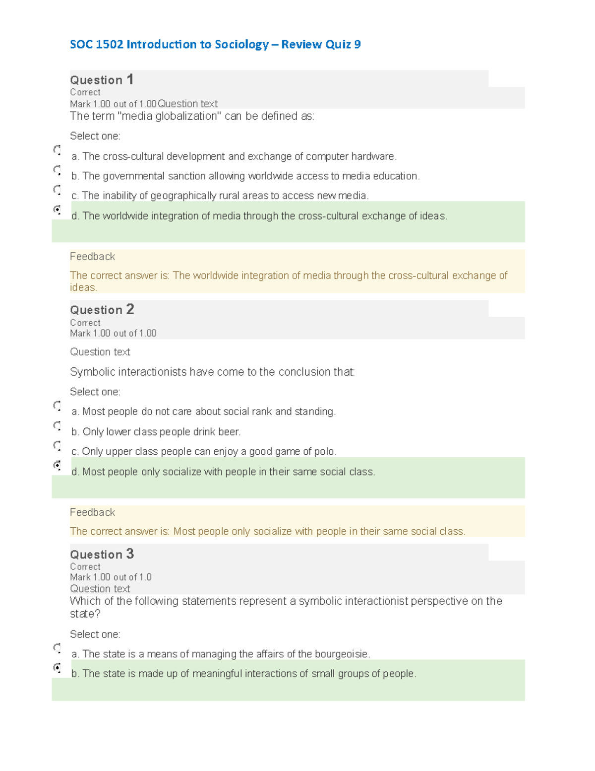 SOC 1501 - Review Quiz 9b - Question 1 Correct Mark 1 Out Of 1 Text The ...