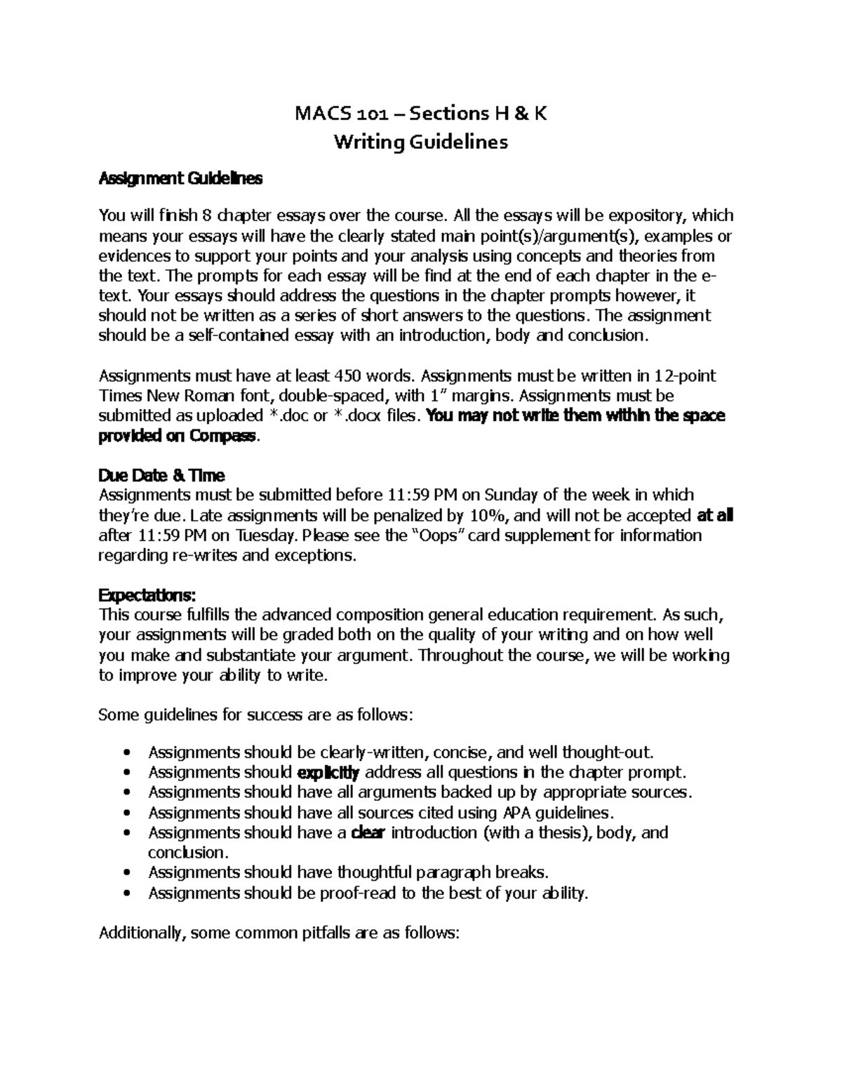 Chapter assignments guidelines - MACS 101 – Sections H & K Writing ...