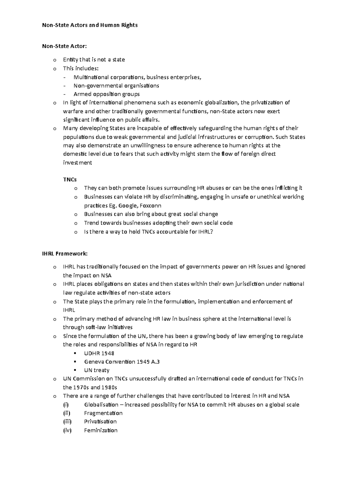 Non-State Actors Summary - Non-State Actor: o Entity that is not a ...