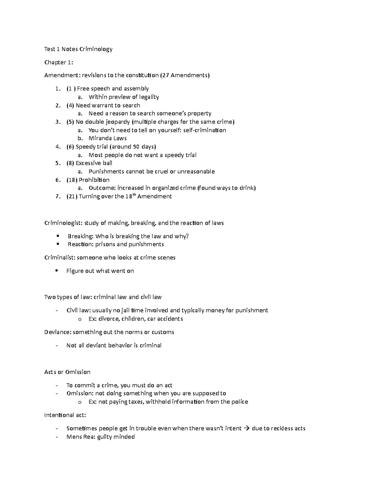 Crim Test 1 Notes - Test 1 Notes Criminology Chapter 1: Amendment ...