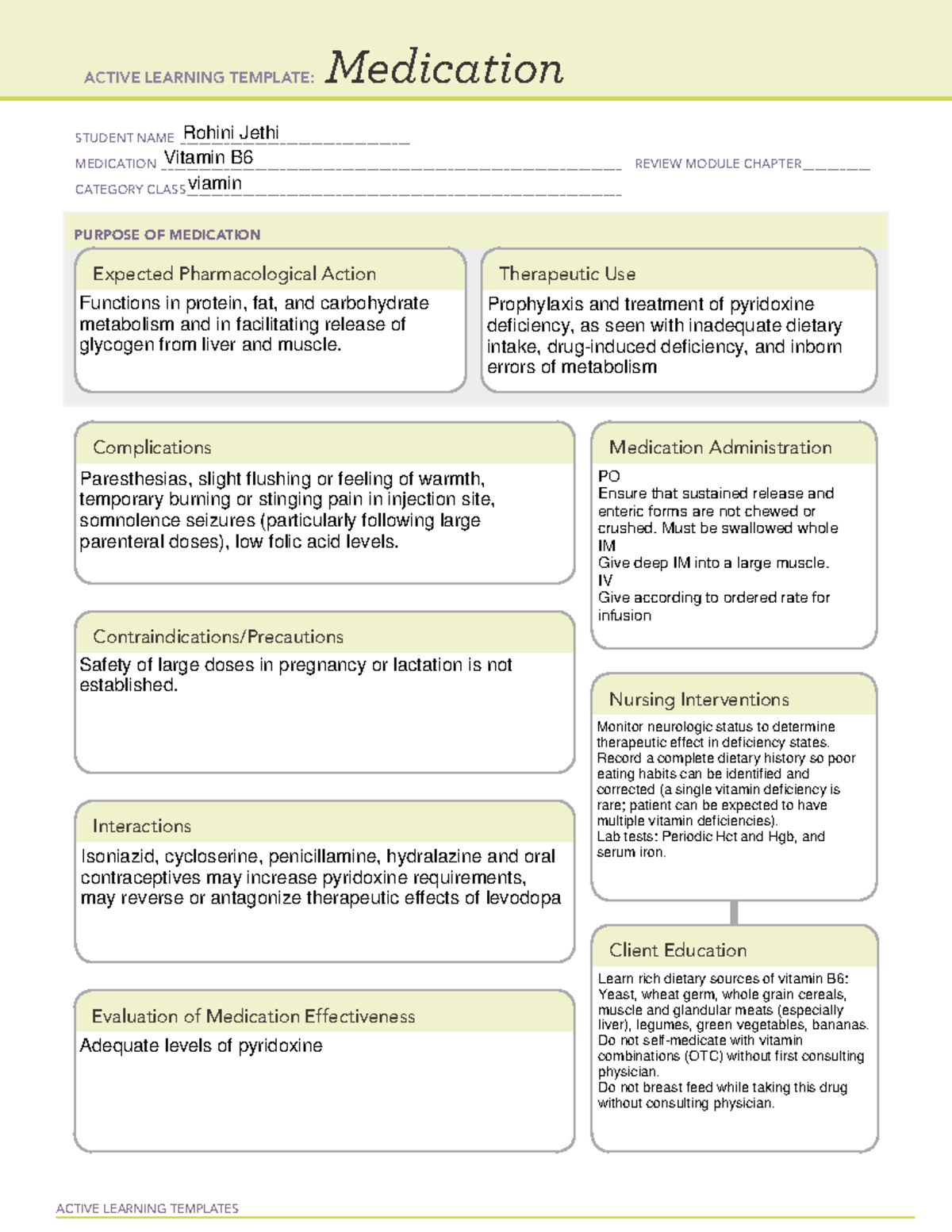 Vitamin B6 template 2 med cards ACTIVE LEARNING TEMPLATES