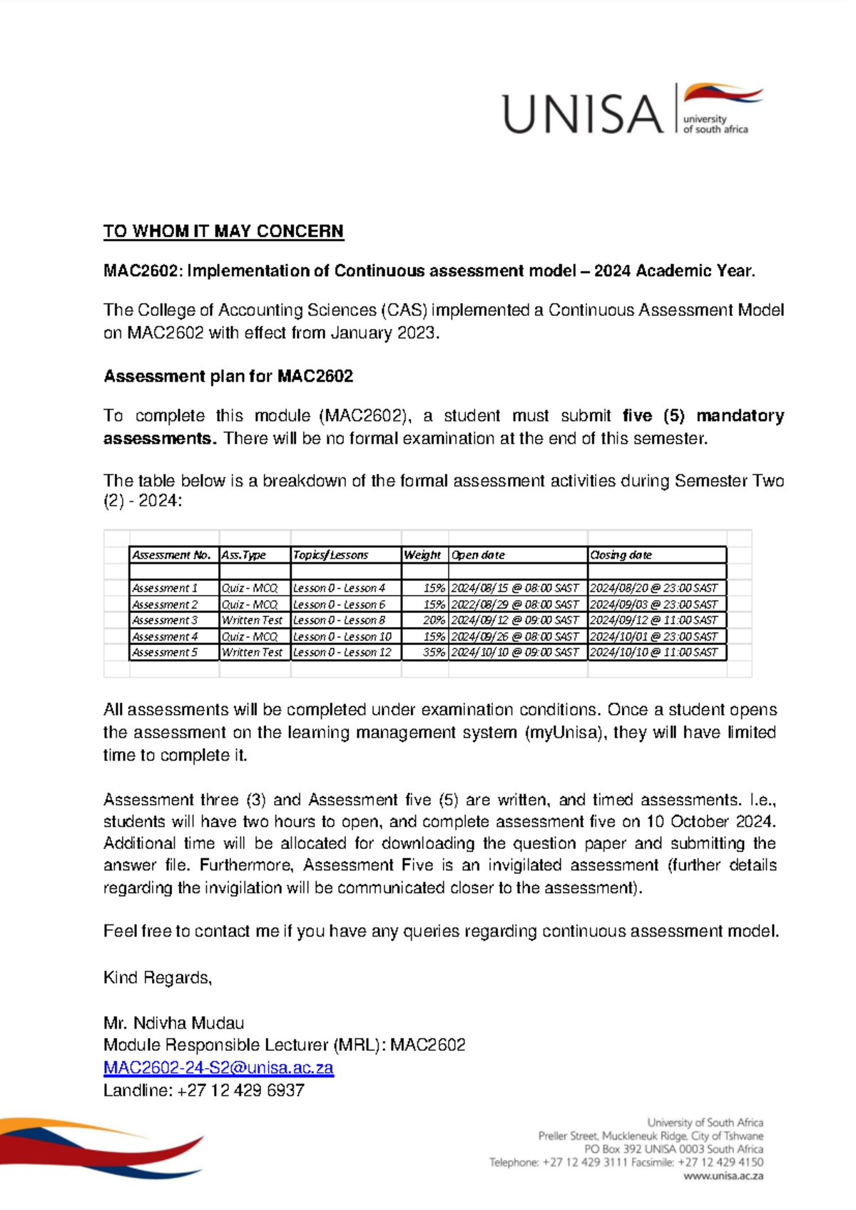 MAC2602 Continuous Assessment Letter S2-2024 - TO WHOM IT MAY CONCERN ...