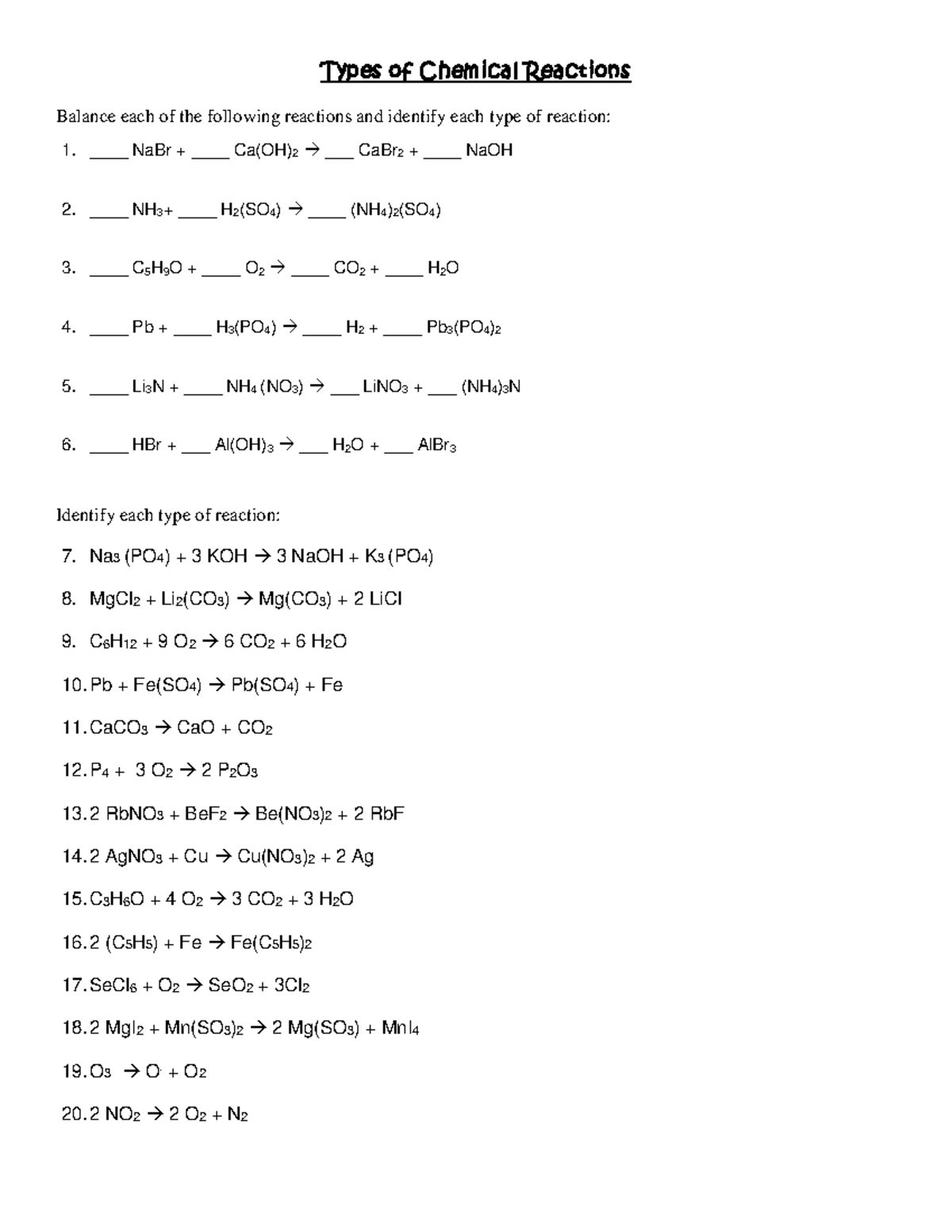 Types of Reactions Worksheet - Types of Chemical Reactions Balance each ...