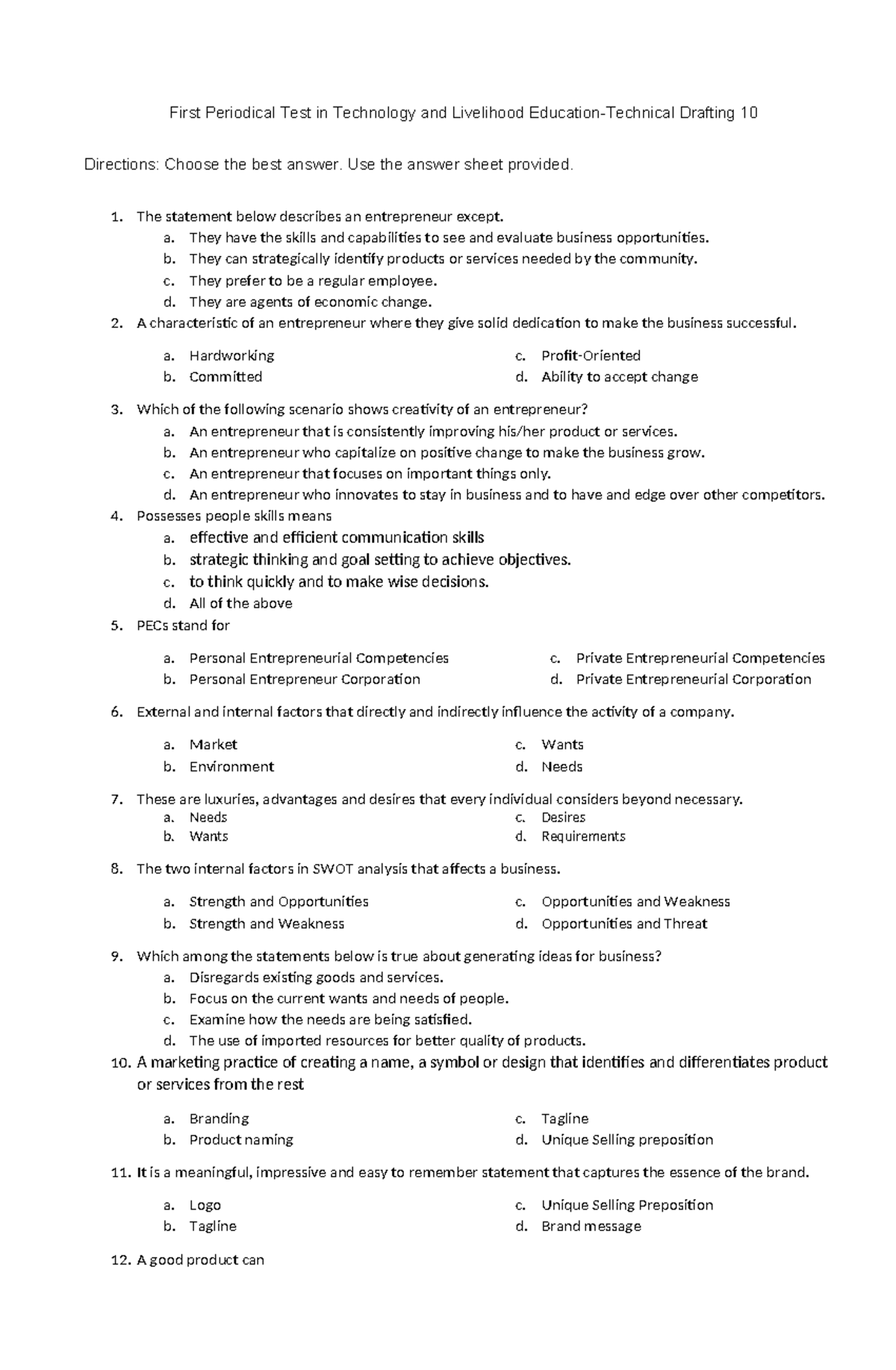 First Periodical Test tle - First Periodical Test in Technology and ...