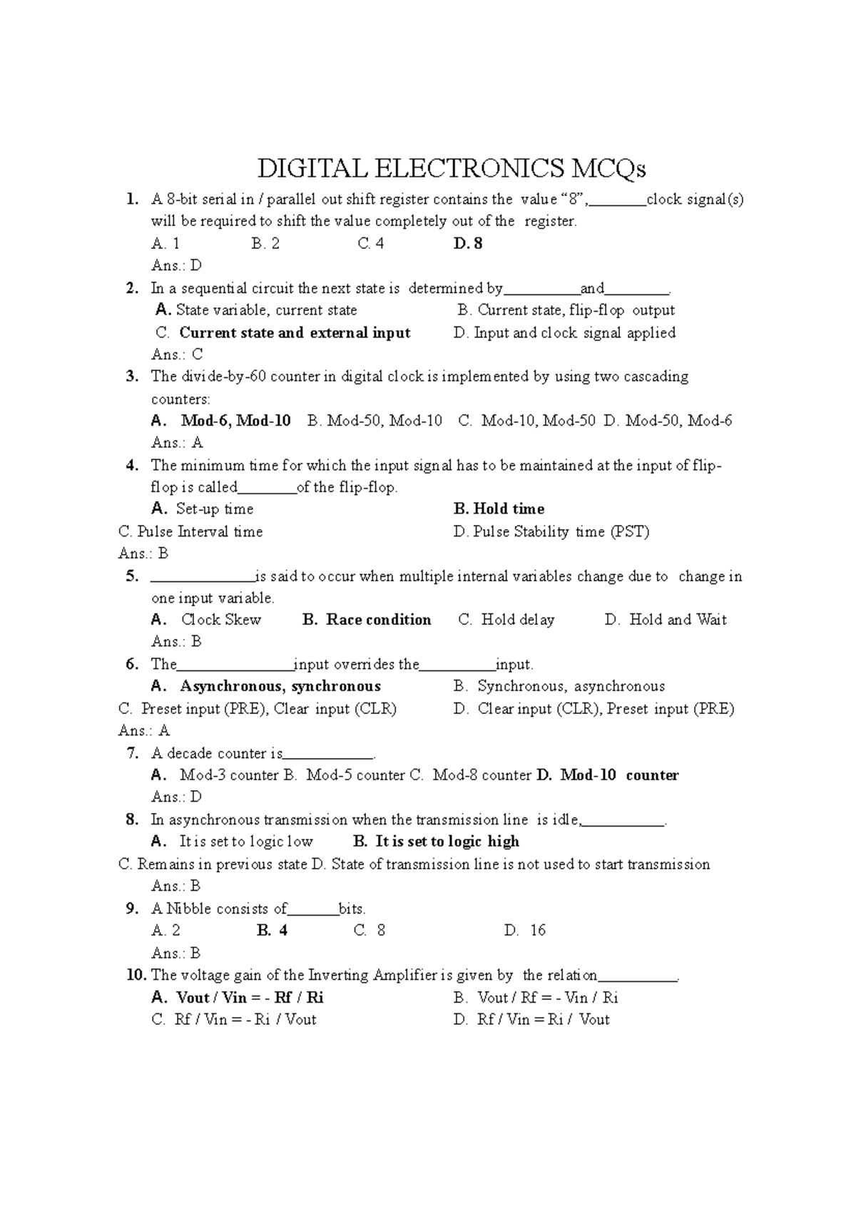 Digitalelectronicsmcqs DIGITAL ELECTRONICS MCQs 1. A 8bit serial in