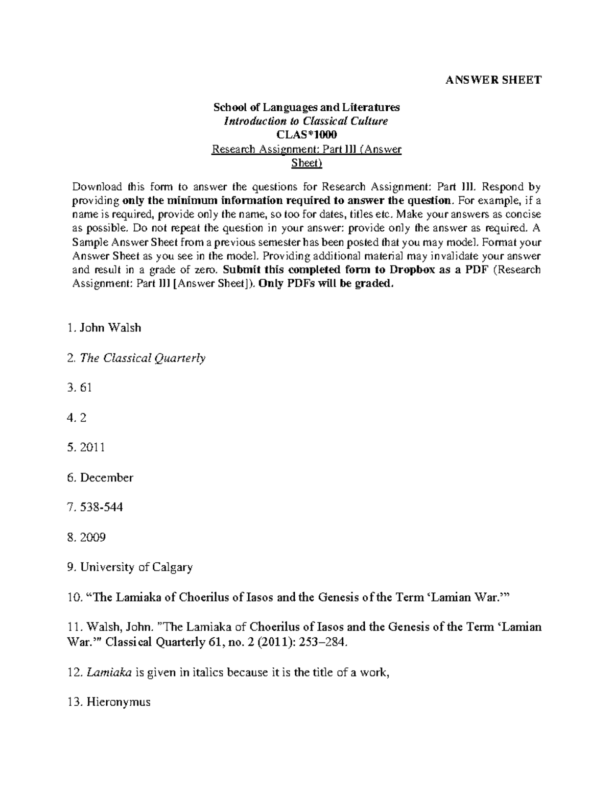 Research Assignment Part III Answer Sheet - ANSWER SHEET School of ...