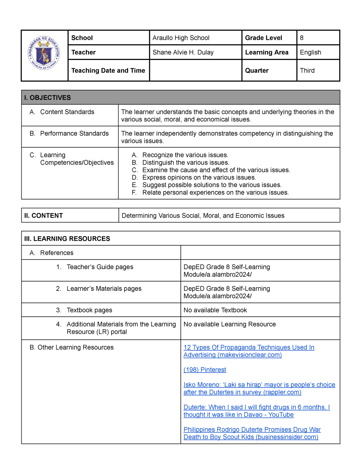 Lesson Plan on Social, Moral, and Economic Issues - School Araullo High ...