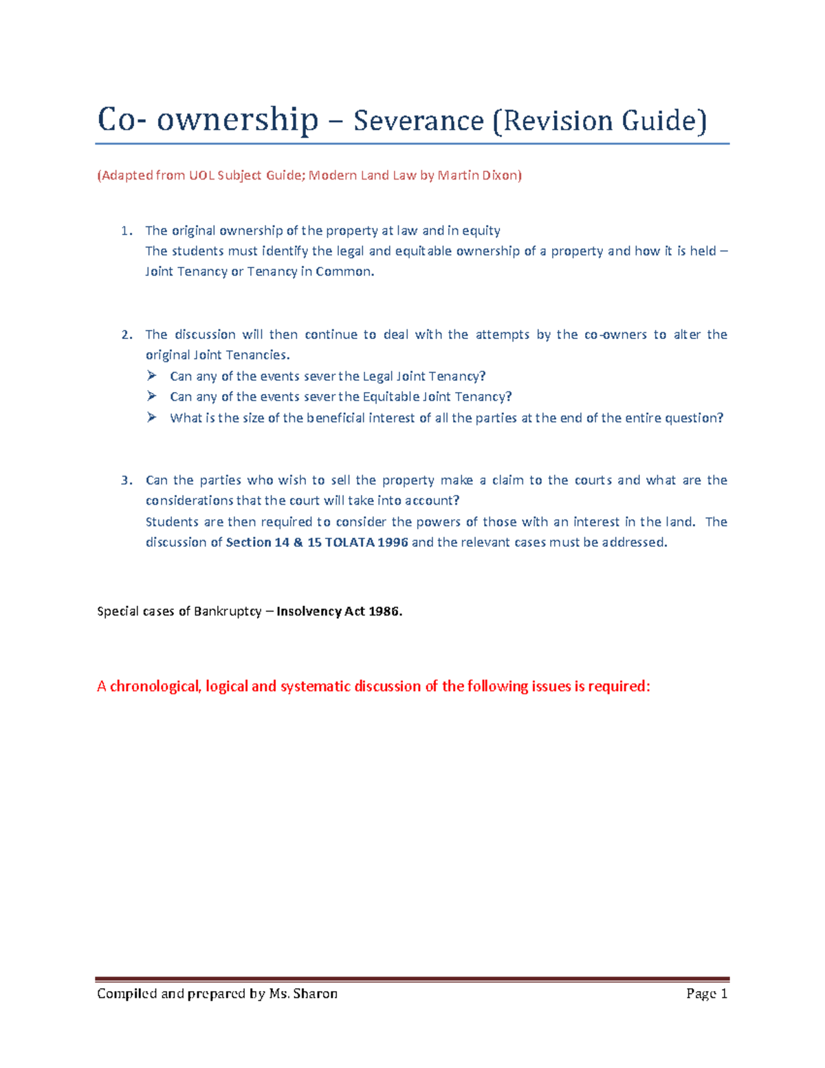 Property Land LawAnswer Guide Coownership severance Co ownership Severance (Revision