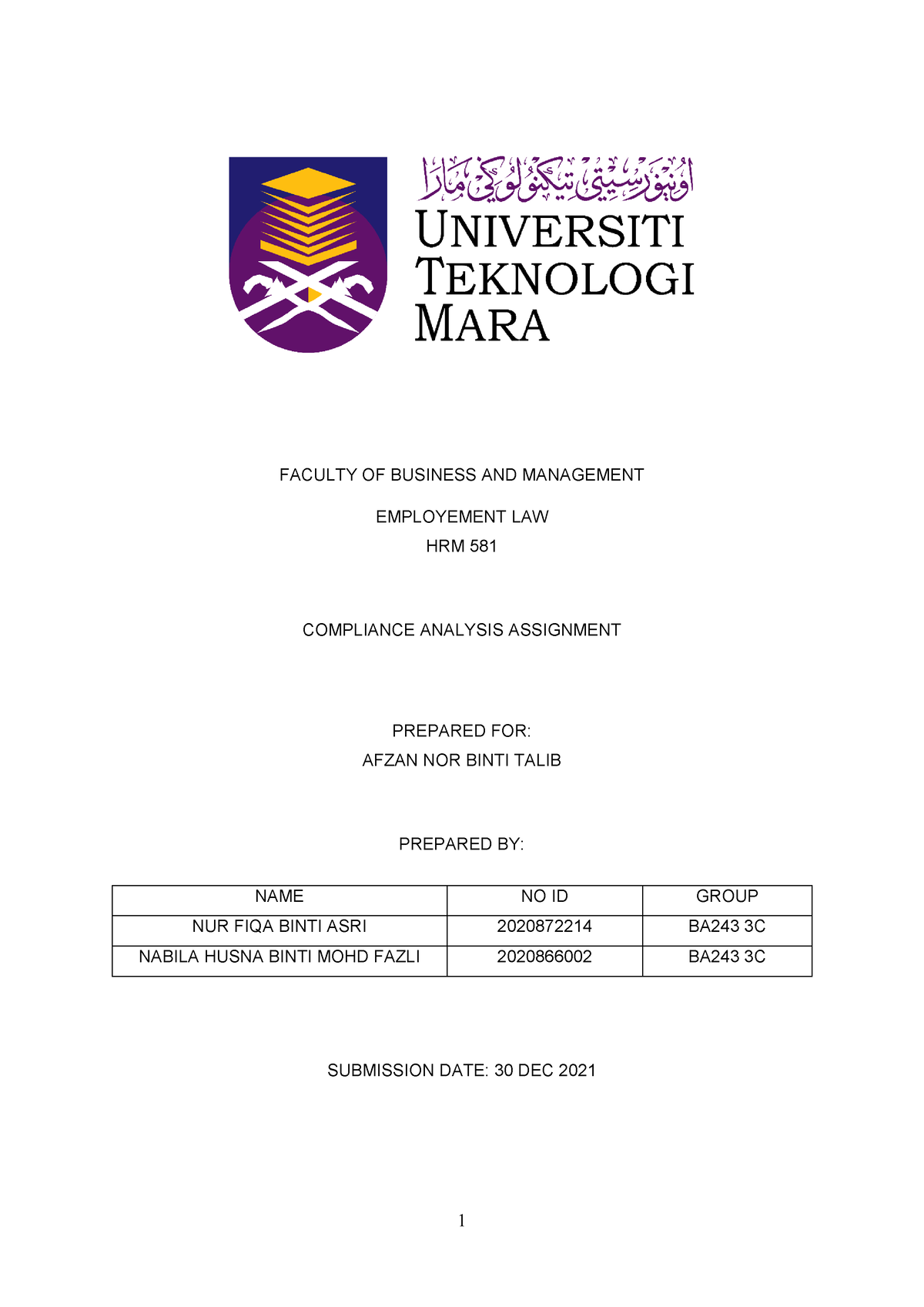 Compliance Analysis HRM 581 - FACULTY OF BUSINESS AND MANAGEMENT ...