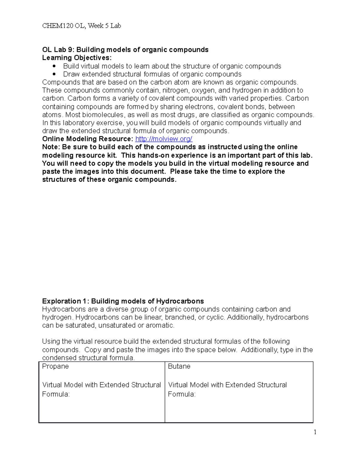 Week 5 Lab Organic Chemistry OL Lab 9 Building models of organic